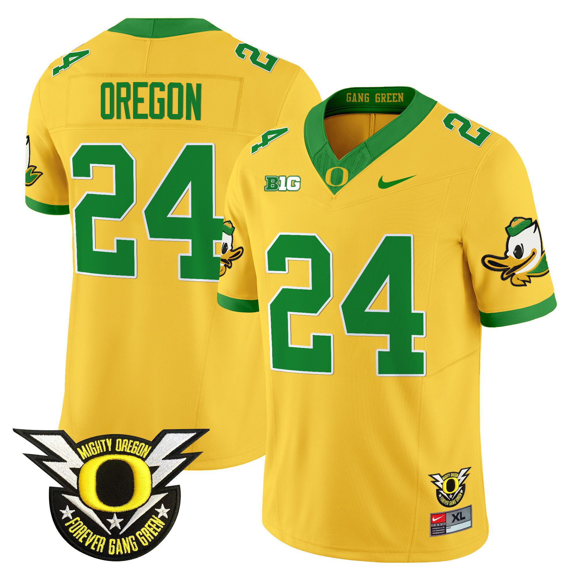 Men Oregon Ducks #24 Oregon Yellow 2024 Nike Forever Gang Green & BIG Patch Vapor Limited NCAA Jersey->ncaa teams->NCAA Jersey